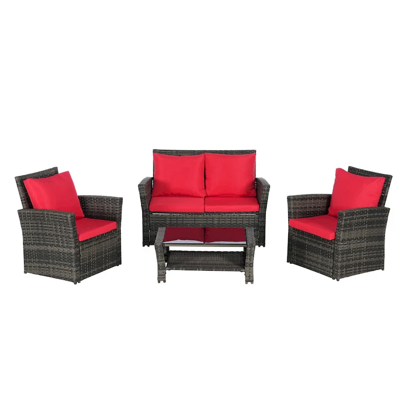 4-Piece Rattan Conversation Sofa Set with Glass Table