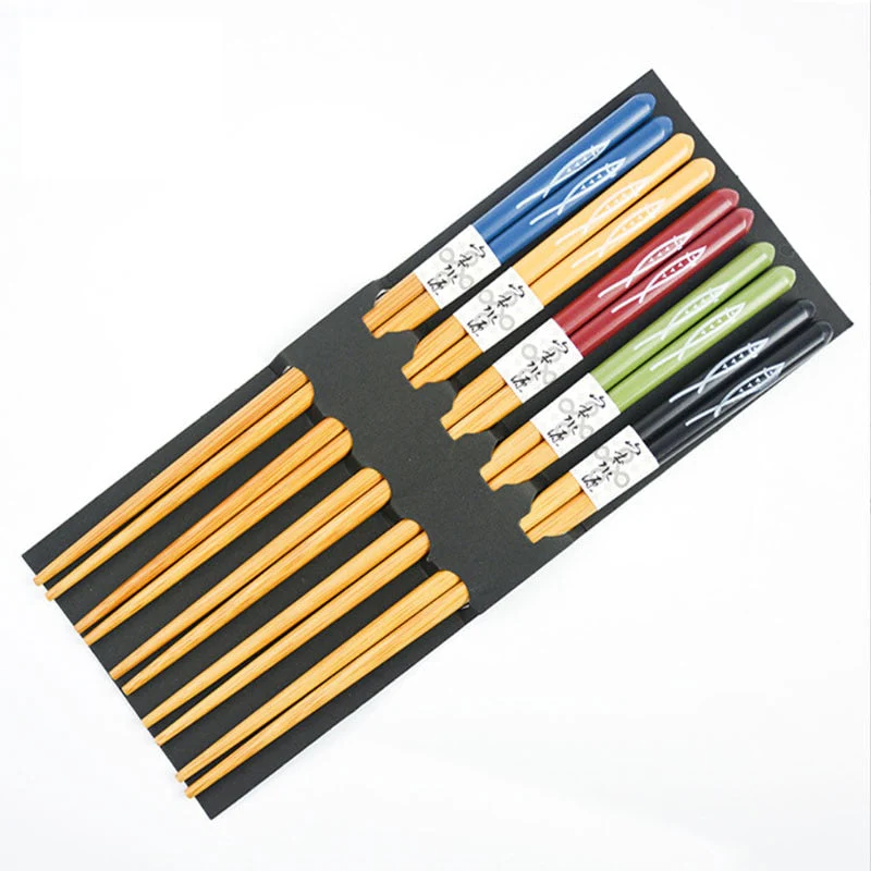 HULIANFU Reusable 5 Pair Set Handmade Bamboo Japanese Natural Wood Chopsticks Sushi Food Cat Flower Multi color Wooden Chop sticks - Deanwangkt