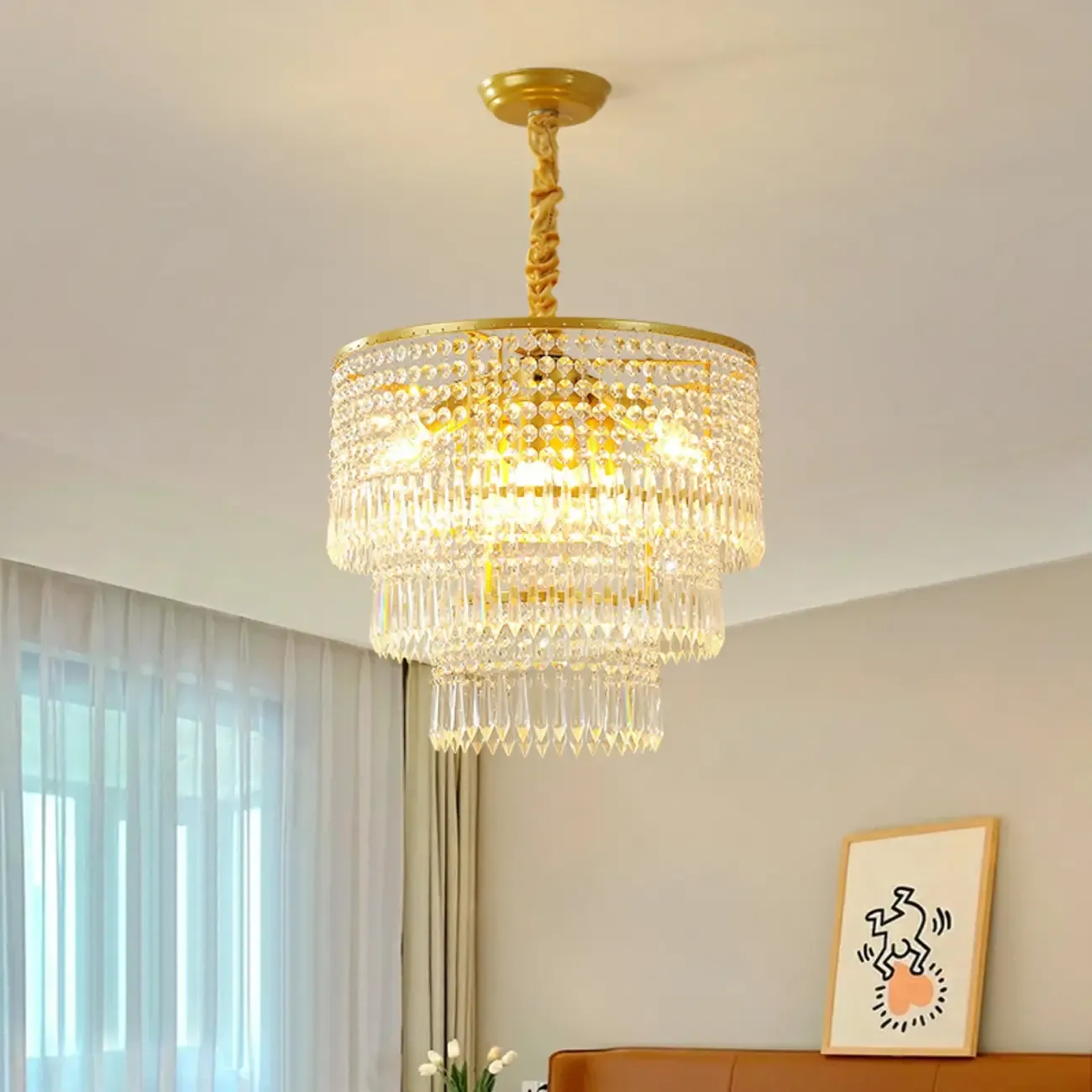 Modern Gold Descending Crystal Round Chandelier
