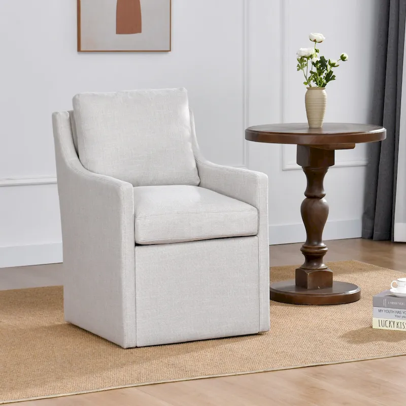 Modern 19.7 Wide Upholstered Rolling Linen Dining Chair