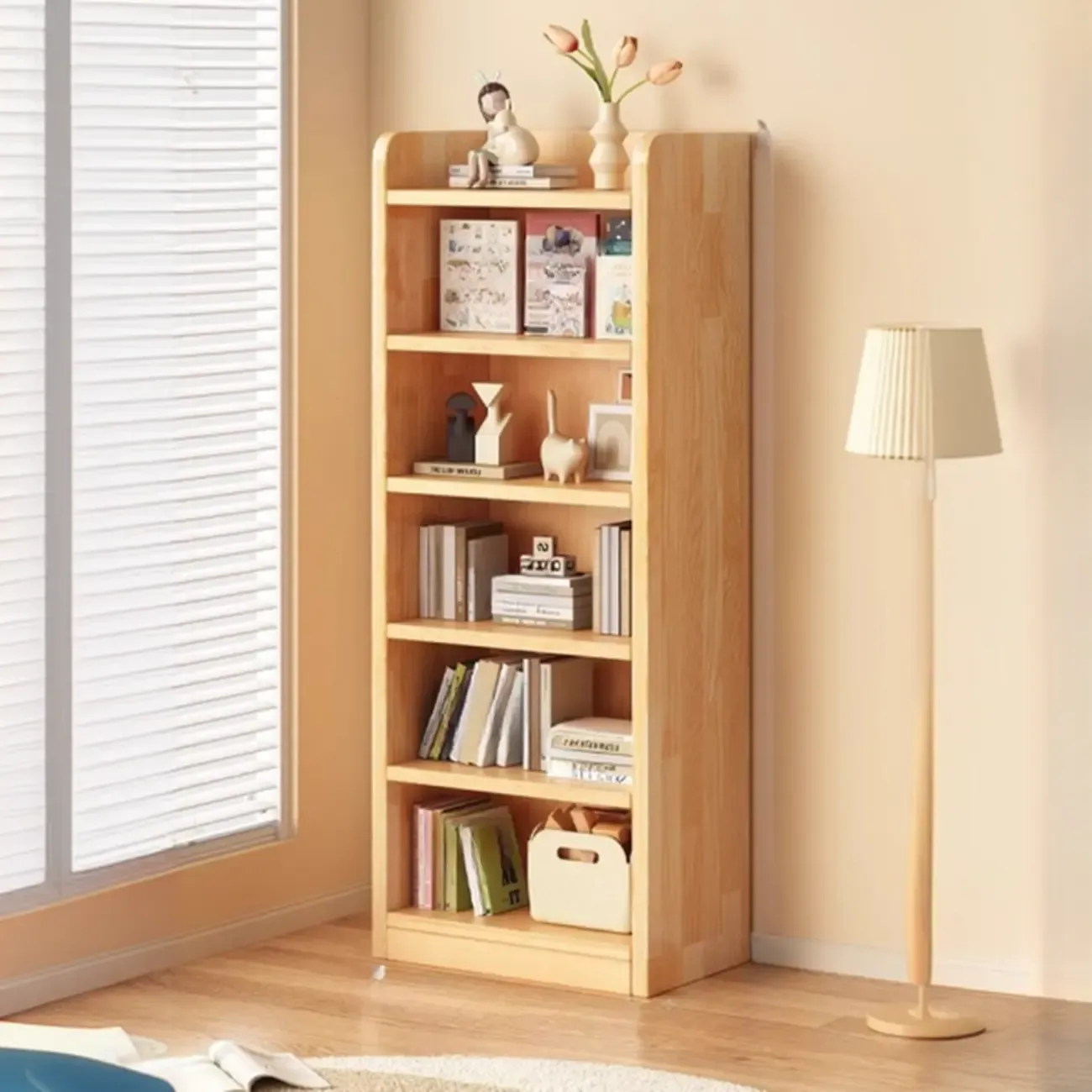 Narrow Vertical Modern Wooden Bookcase in Natural Finish