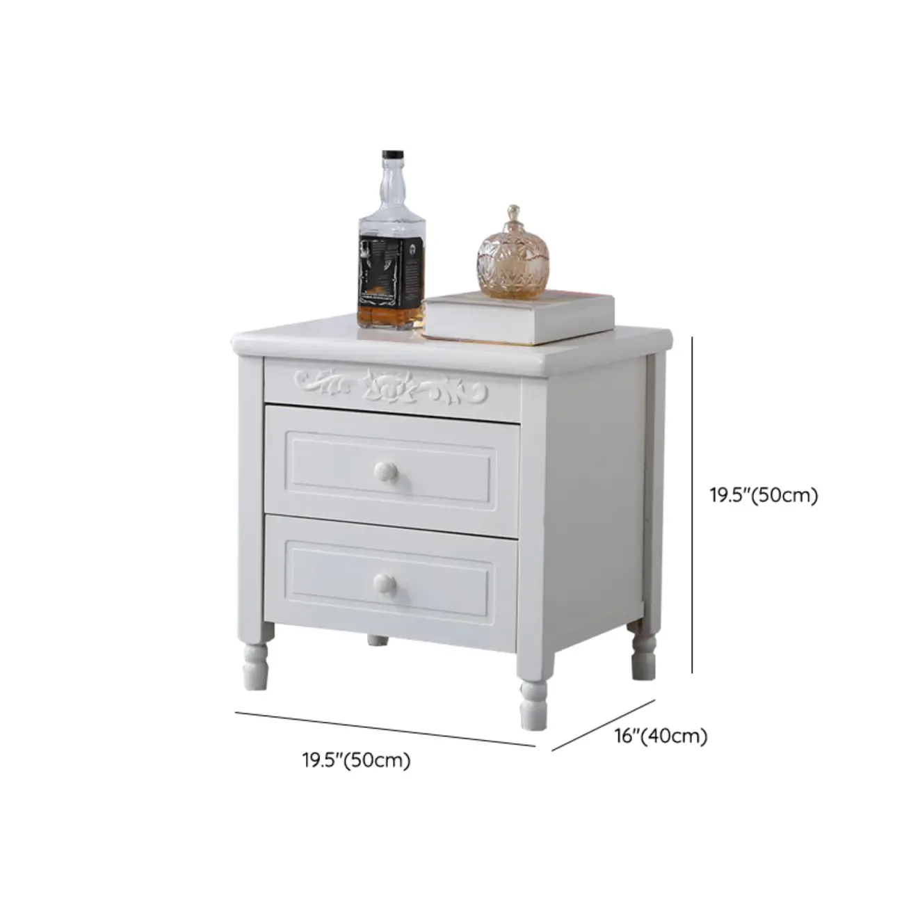 Classic Wood White Carved 2-Drawer Nightstand