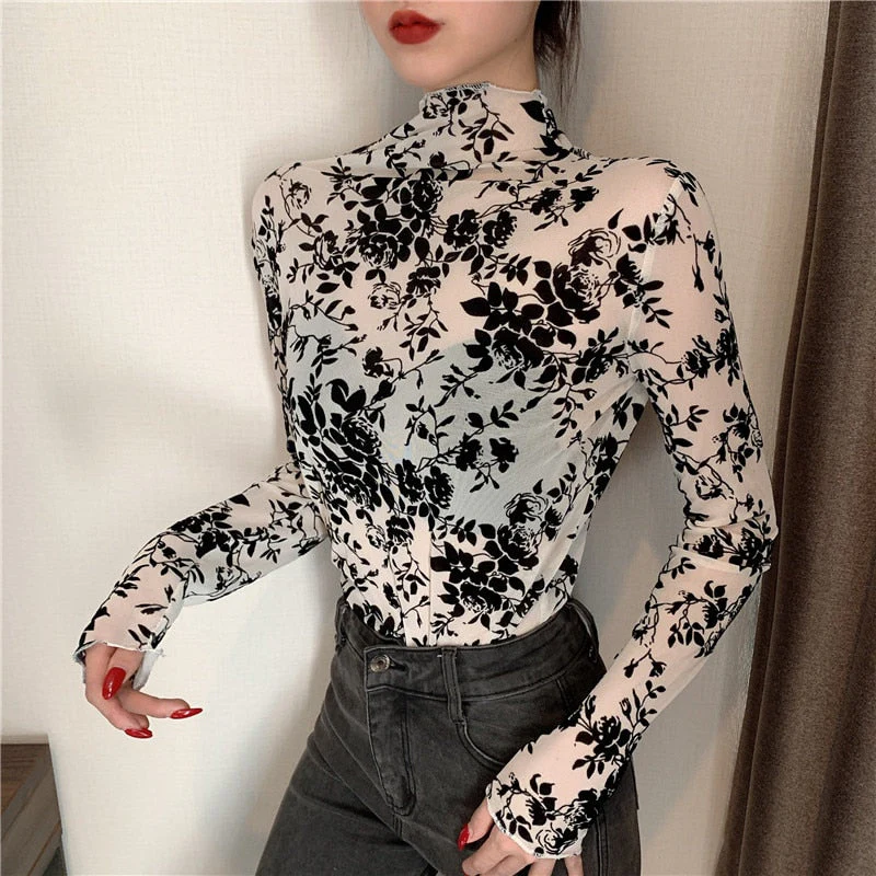 Hulianfu Girls Transparent Corduroy Printing Mesh T-Shirts Tees Female Turtleneck Full Sleeve Tshirt Tops For Women - Deanwangkt