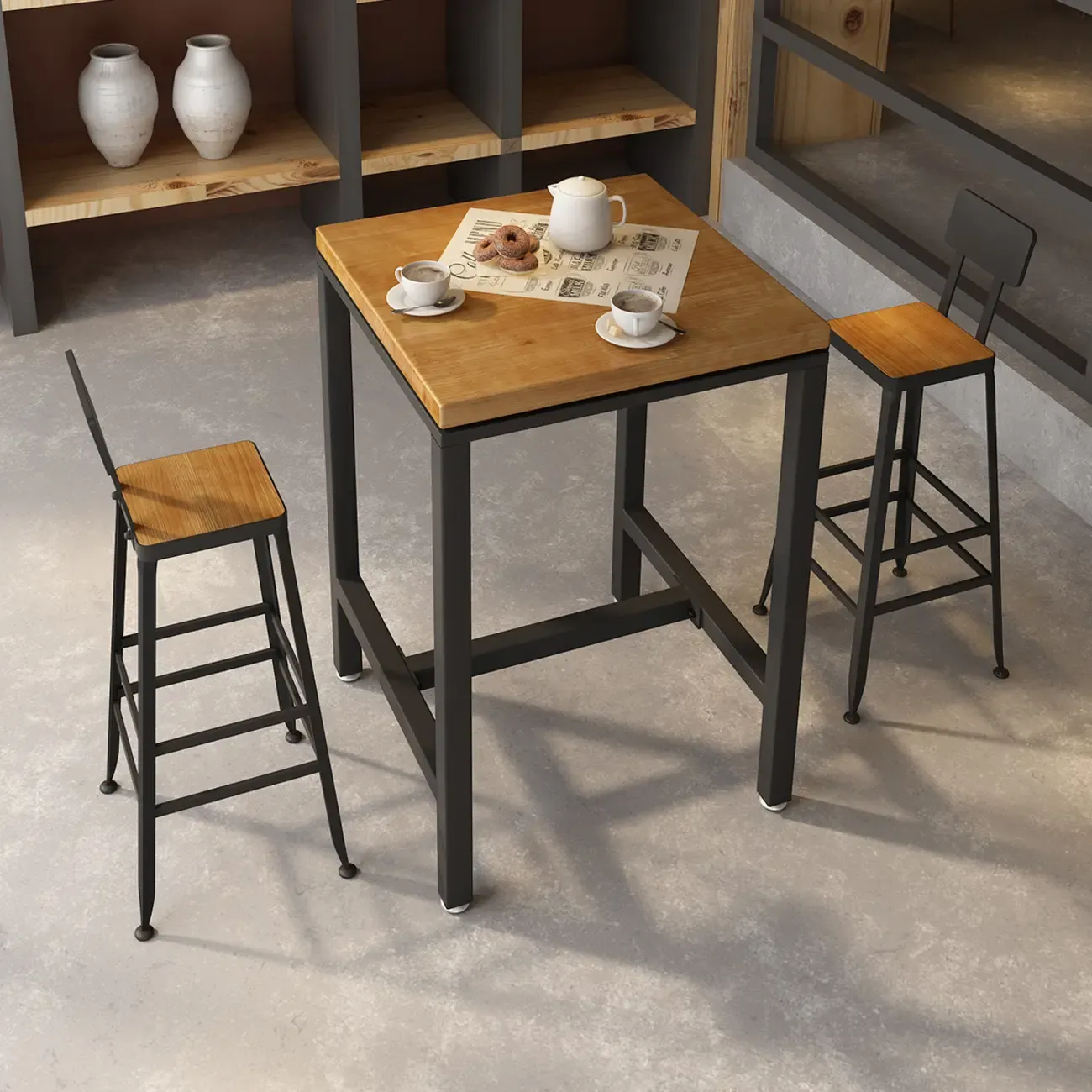 Square Wooden Top Iron Footrest Bistro Table