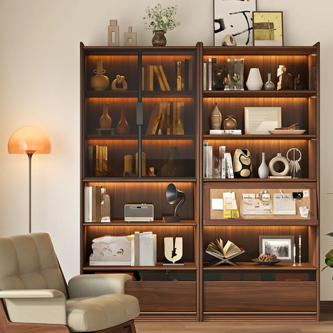 Brown 5-Shelf Wooden Glass Door Bookcase
