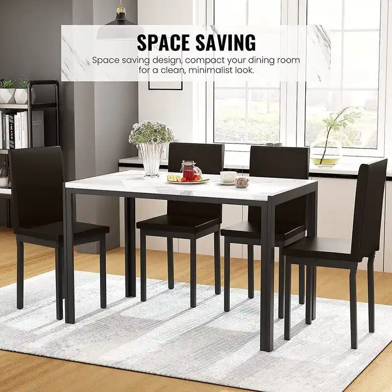 Modern Faux Marble 5 Pieces Kitchen Dining Set with 4 Cushion PU Leather Chairs