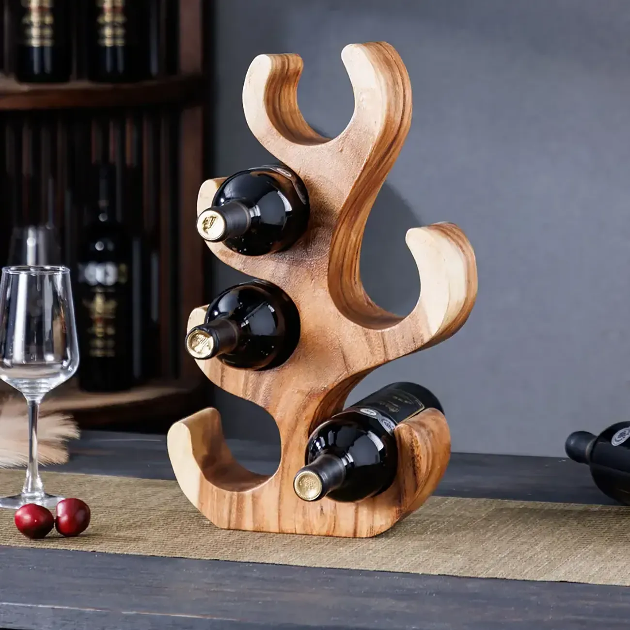 Solid Wood Tree Design Handcraftd Wine Rack Table Top