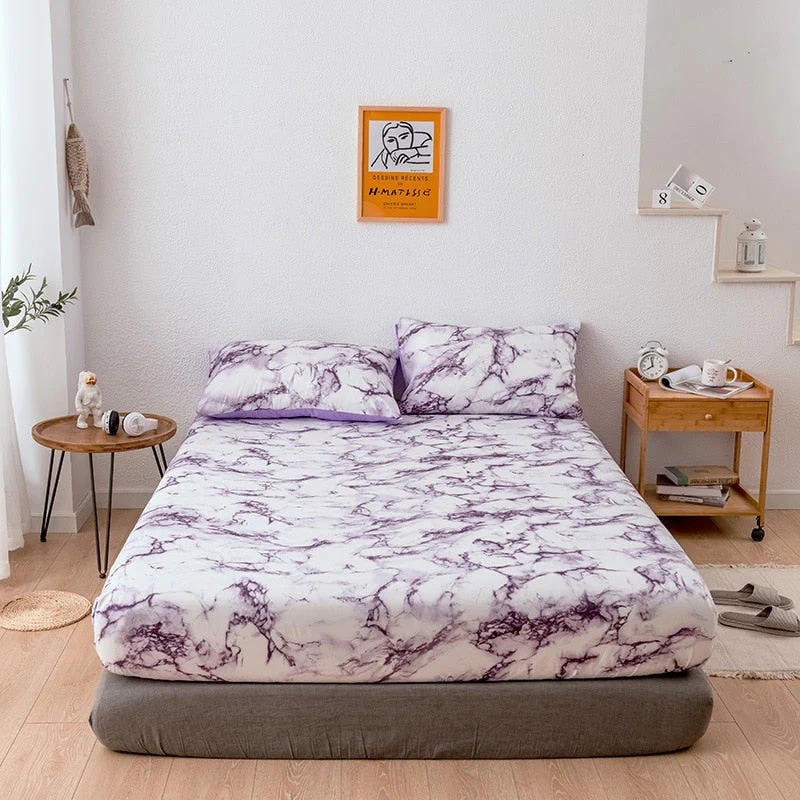 HULIANFU Nordic Mirco Fiber Marble Print Fitted Bed Sheet Single Elastic Band Double Bed Linen Home Soft Comfortable King Size Bedsheet - Deanwangkt