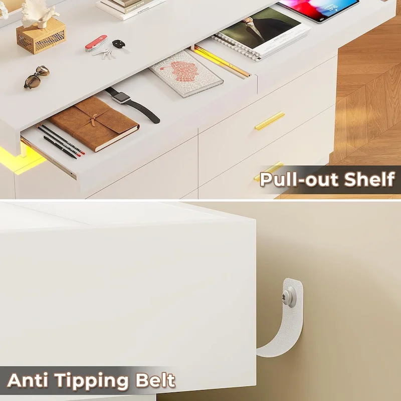 6 Drawer Dresser 2 Pull-Out Tray LED Light Chest of Drawers