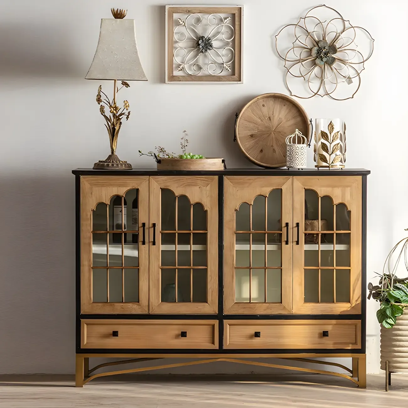 Natural Wood Glass Door Display Cabinet with Drawers