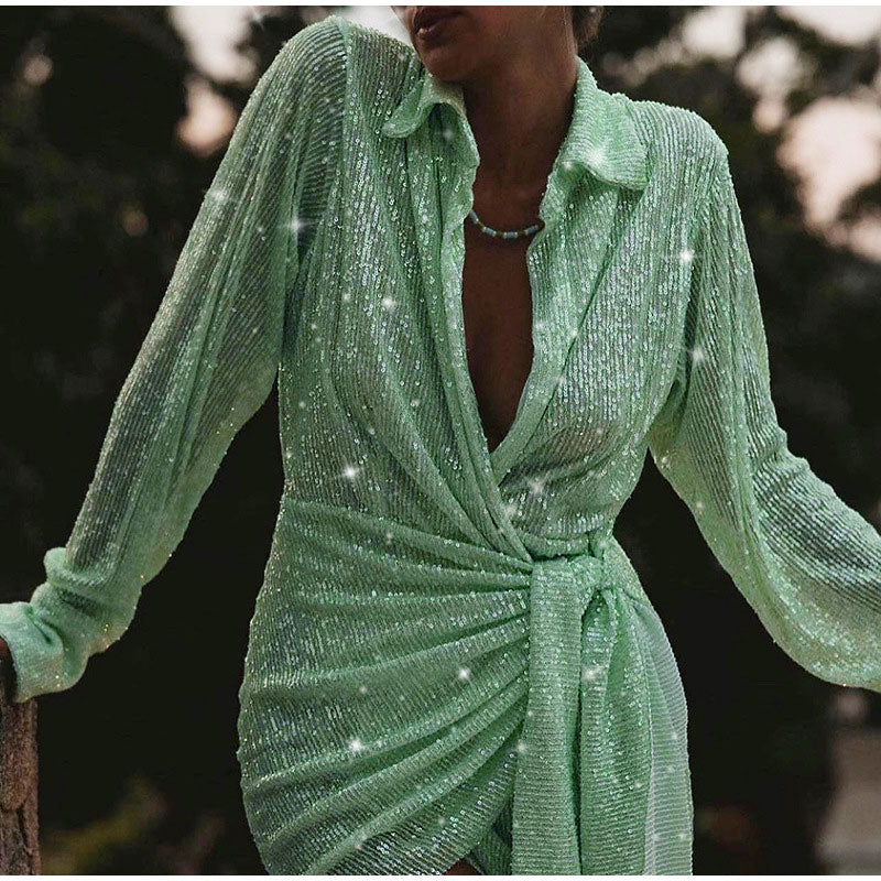Hulianfu Sexy Sequins Women Party Mini Dress V-Neck Lantern Long Sleeve Female Night Club Evening Dresses Bodycon Short Dress Summer - Deanwangkt