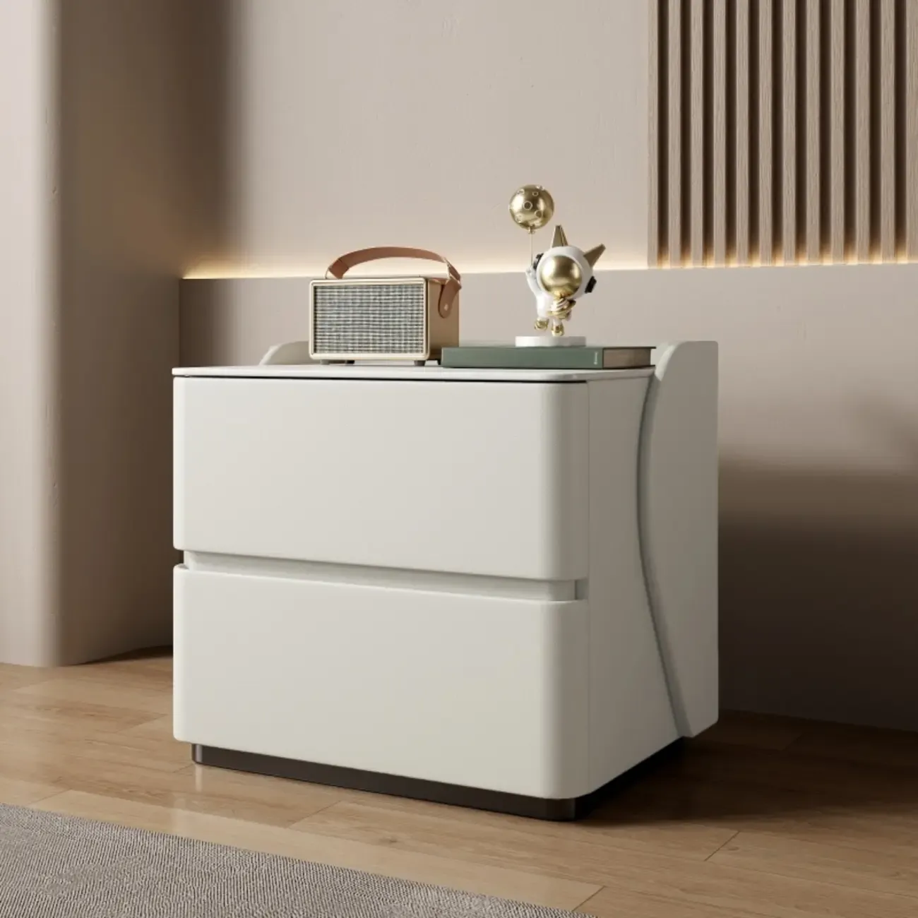 Modern Stone Top Leather Pine 2-Drawer Nightstand