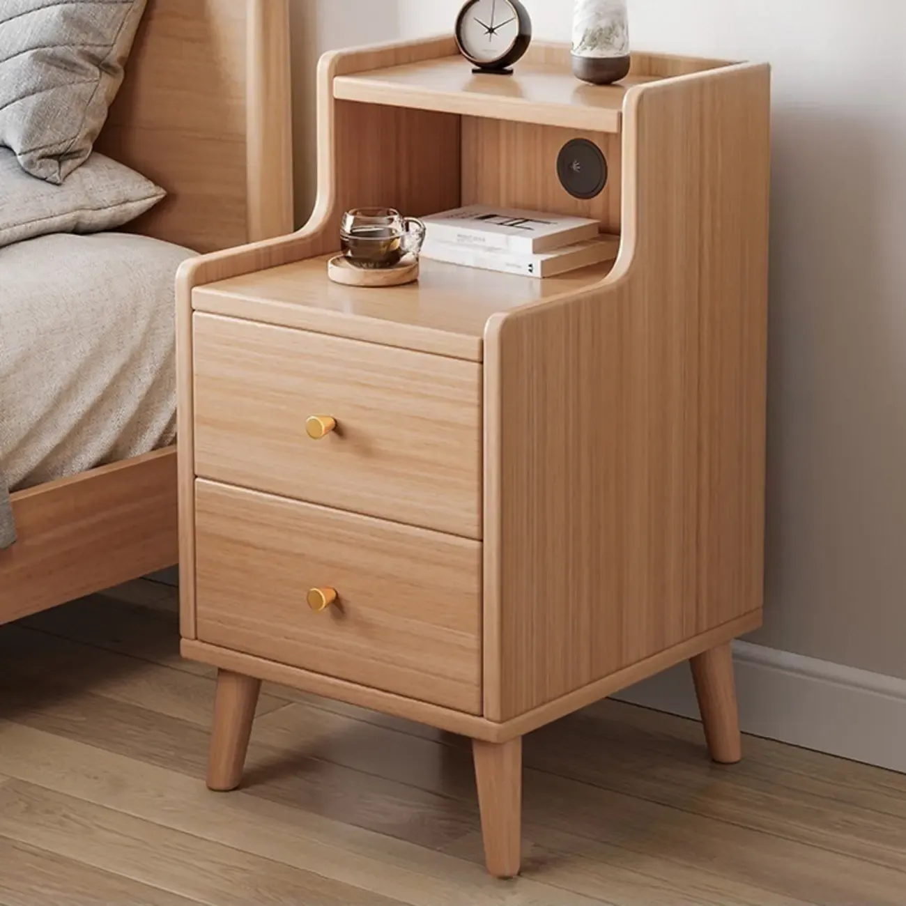 Natural Wood Scandinavian 2-Drawers Narrow Nightstand