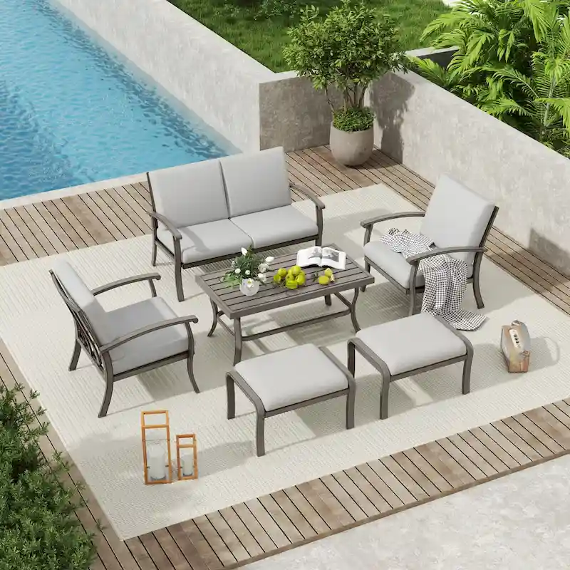 6-Piece Aluminum Patio Conversation Set with Coffee Table, Loveseat, Ottoman and Light Gray Cushions