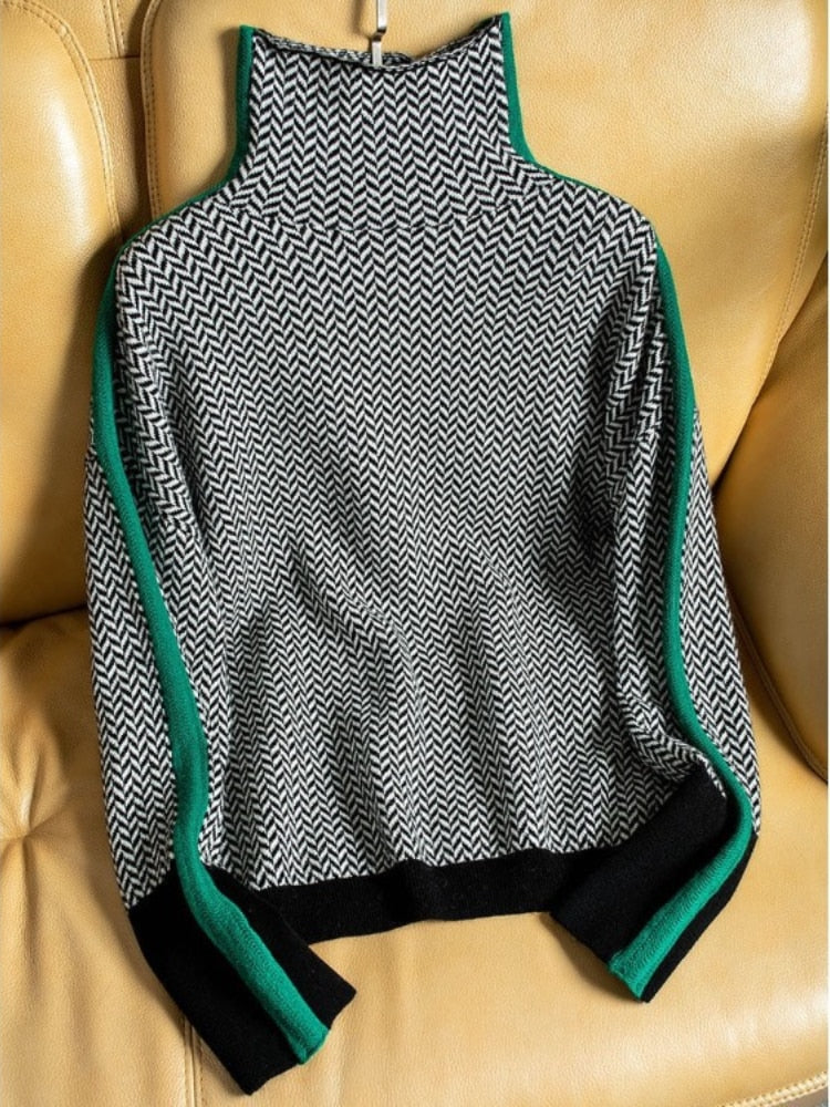 Hulianfu Winter Women's Turtleneck Sweater Warm Pullover Commuter Elegant Top Loose Casual Women's Top Retro Contrast Color - Deanwangkt
