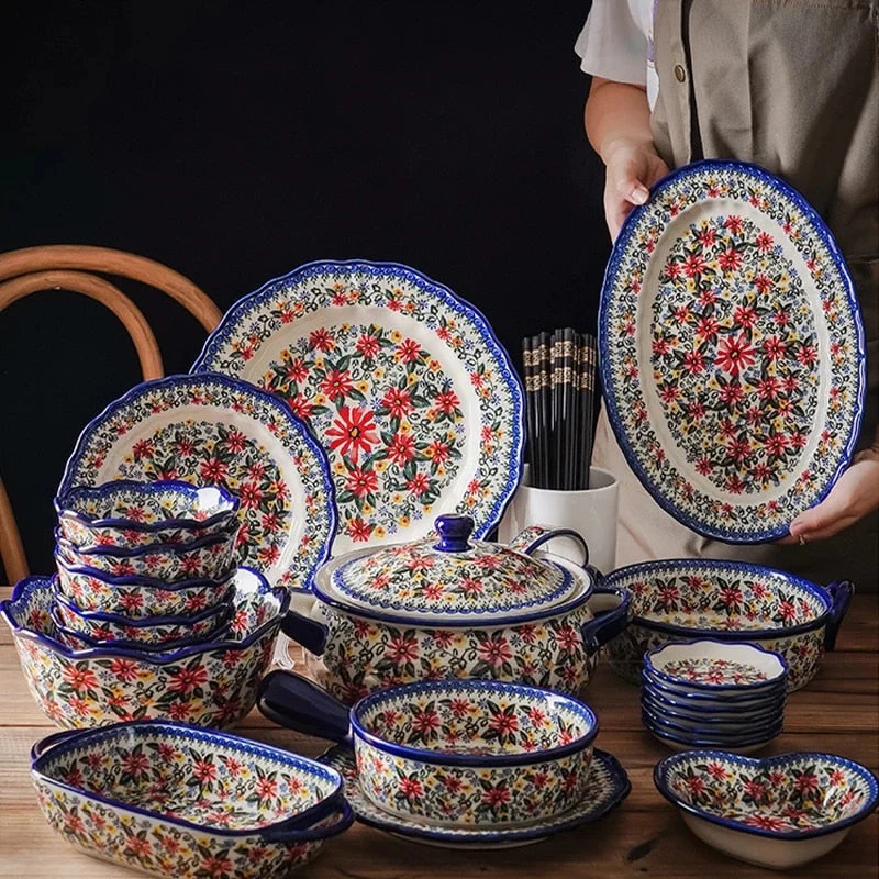 HULIANFU Krusoal Retro Ceramic Handle Salad Bowl Household Oven Breakfast Bake Pan Microwave Bohemia Binaural Soup In-glaze Tableware - Deanwangkt