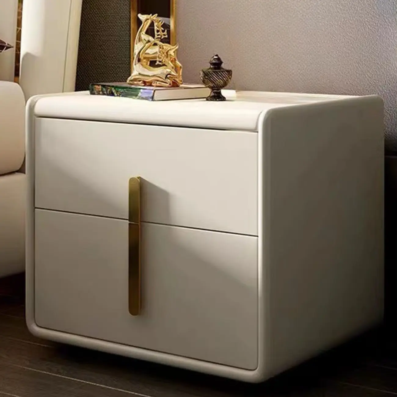 Modern Leather Top Wood 2-Drawer Nightstand