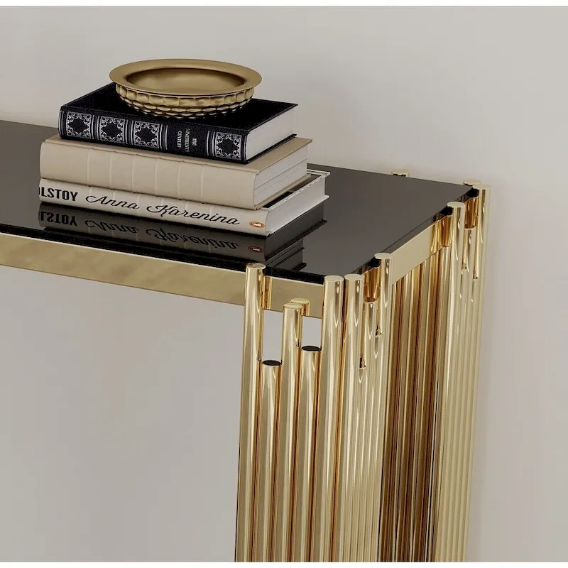 Narrow 2-tier Console Table with Gold Finished Metal Frame and Tempered Glass Top