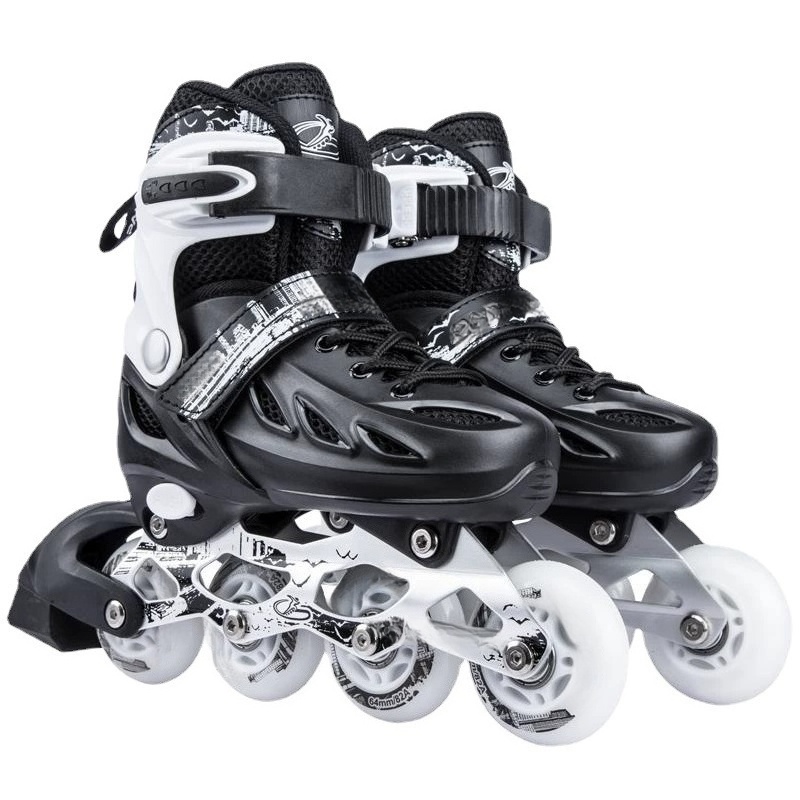 Adjustable Kids Inline Skates, Black-White with Flash Wheels