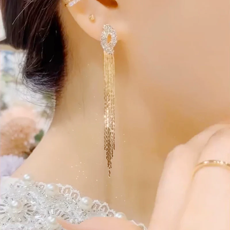 Premium chain long fringed earrings women's double C cross pure silver needle earrings temperament light luxury face thin earrings - Deanwangkt
