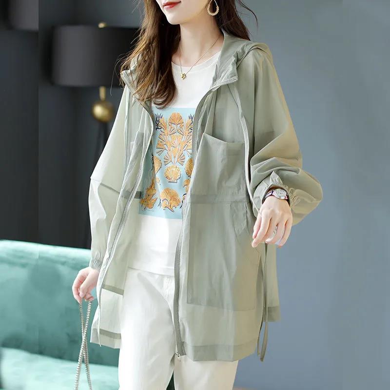 Hulianfu Jackets Women Hooded Fashion Thin Sheer Chic Soft Summer Femme Solid Ins Korean Style Sun-proof Harajuku High Street Holiday New - Deanwangkt