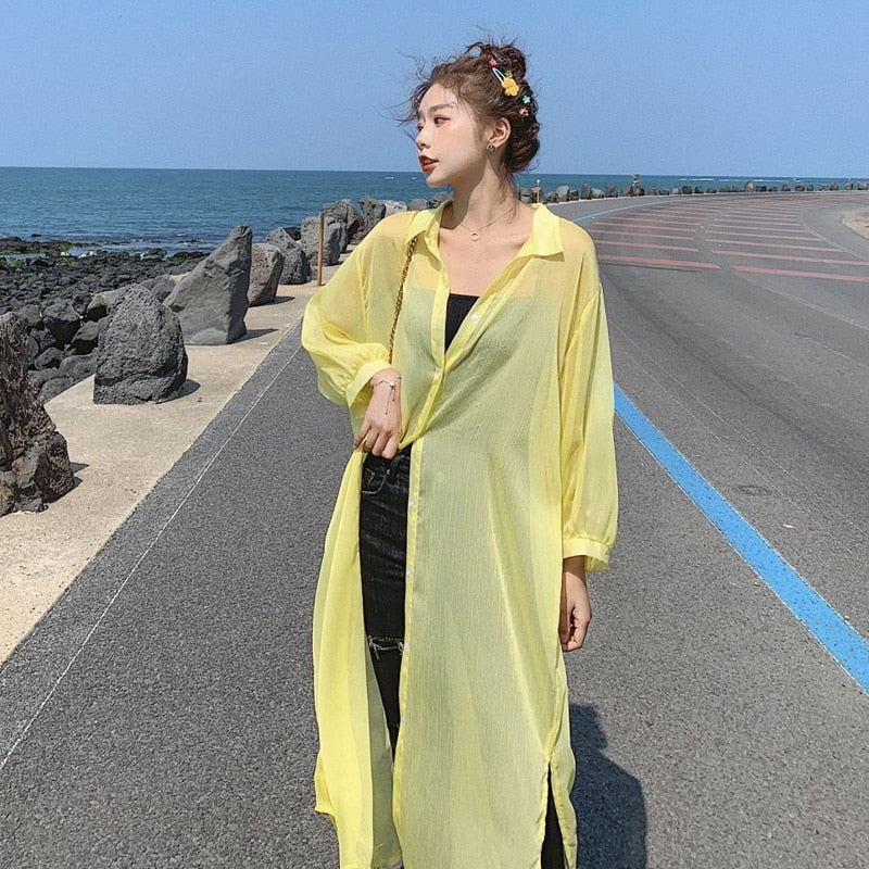 Hulianfu Women Blouse Sun Protection Fashion Long Lantern Sleeve Outerwear Sheer All-match Thin Beach Street Comfort Korean Style Leisure - Deanwangkt