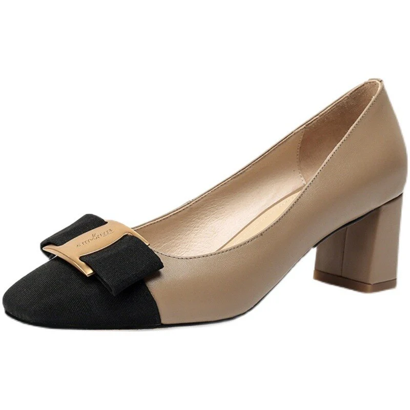 New Temperament Elegant Fashion High-heeled Shoes Women's Shoes Spring Bow Mid-heel Leather All-match Thick-heeled Shoes - Deanwangkt