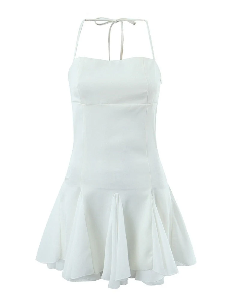 Hulianfu Spring Summer New Sexy Slim Fashion Women Halter Neck Tie Backless Pleated Short Strap Mini Dress Female - Deanwangkt