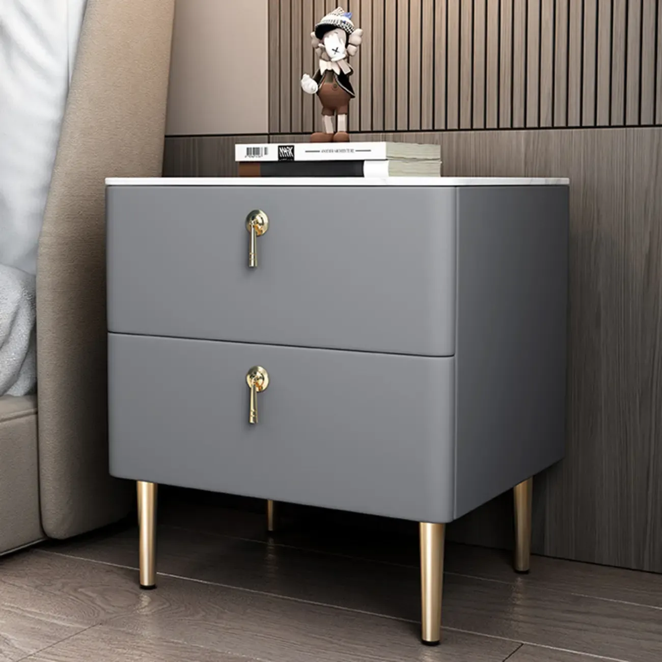 Modern Stone Top Gold Accents Leather 2 Drawer Nightstand
