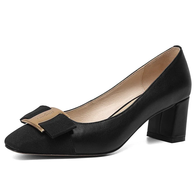 New Temperament Elegant Fashion High-heeled Shoes Women's Shoes Spring Bow Mid-heel Leather All-match Thick-heeled Shoes - Deanwangkt