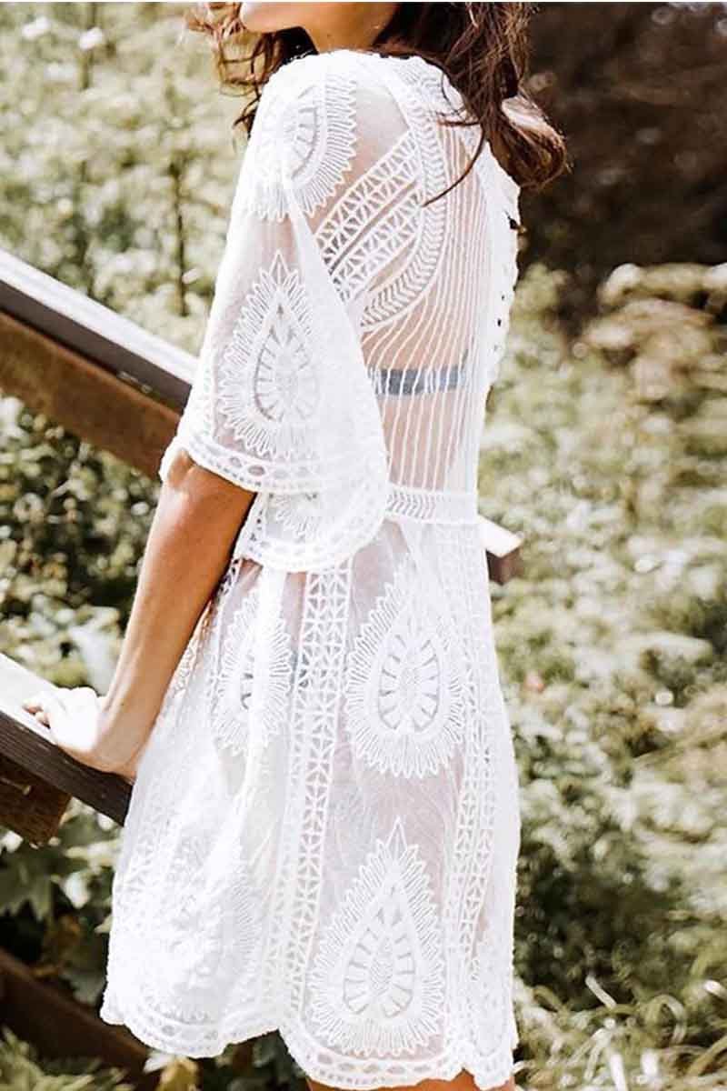 hulianfu  Hollow Embroidery Half Sleeve Cover-Up - Deanwangkt