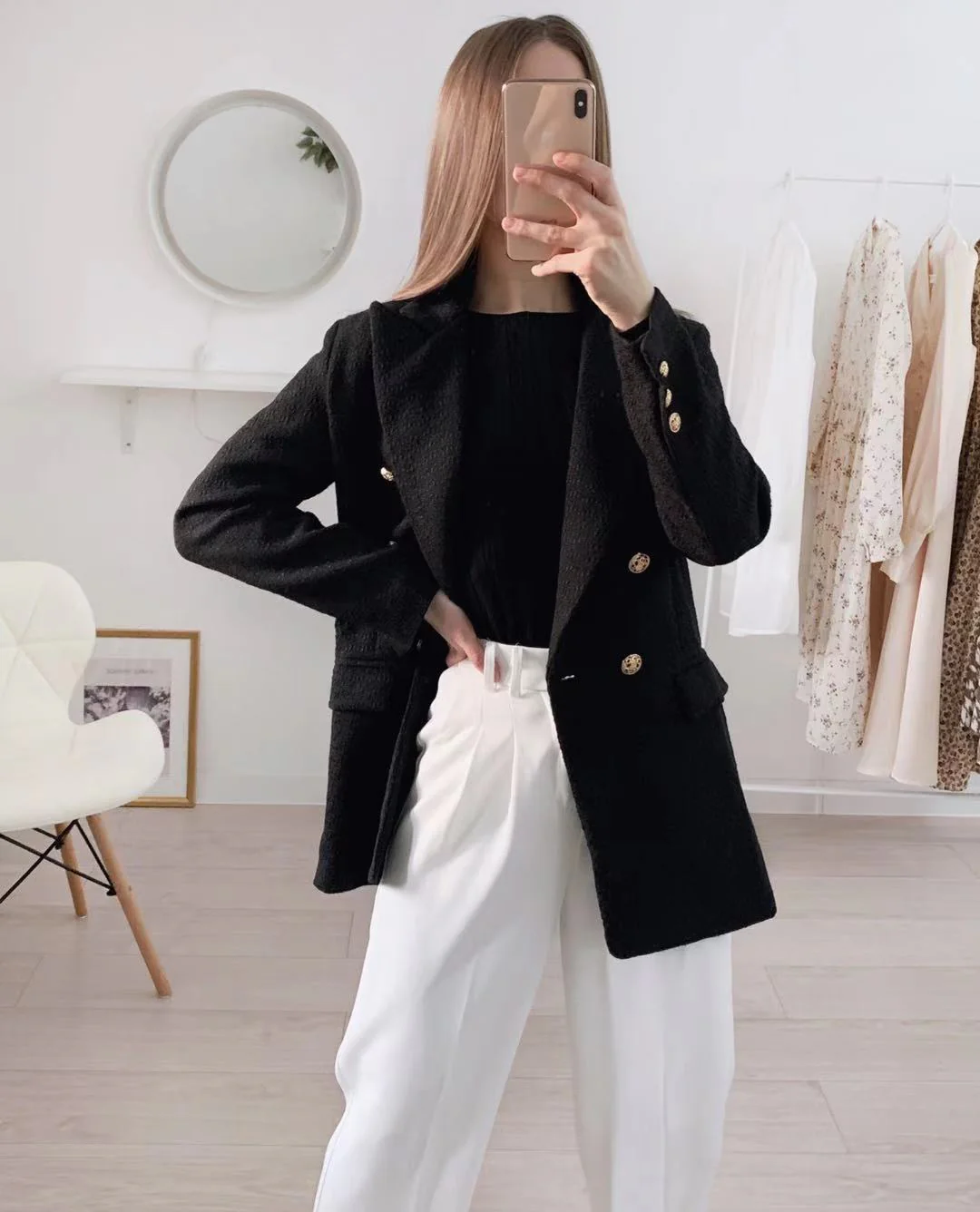 Hulianfu Blazer Women Traf Fashion Metal Double Breasted Woollen Blazers Coat Vintage Long Sleeve Female Outerwear Chic Tops - Deanwangkt