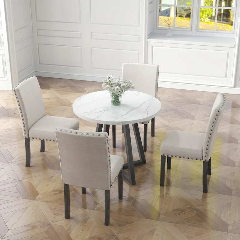 Five-piece dining room set with imitation marble table top,solid wood,space-saving kitchen and dining room combination furniture