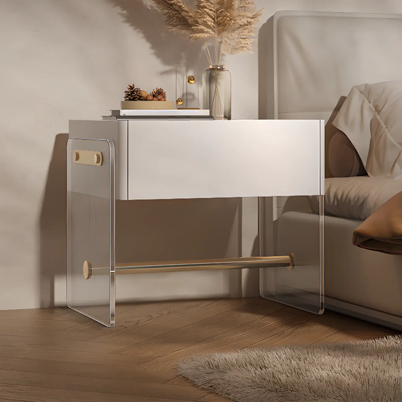 Modish White Acrylic 1-Drawer Nightstand with Shelf