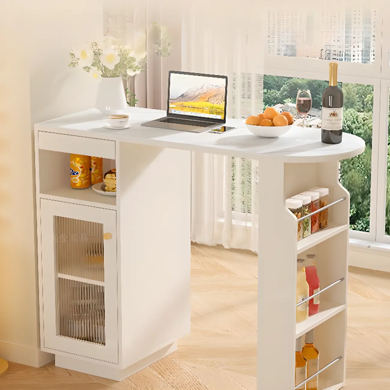 Modern Free Form White Slate Wood Storage Bar Tables