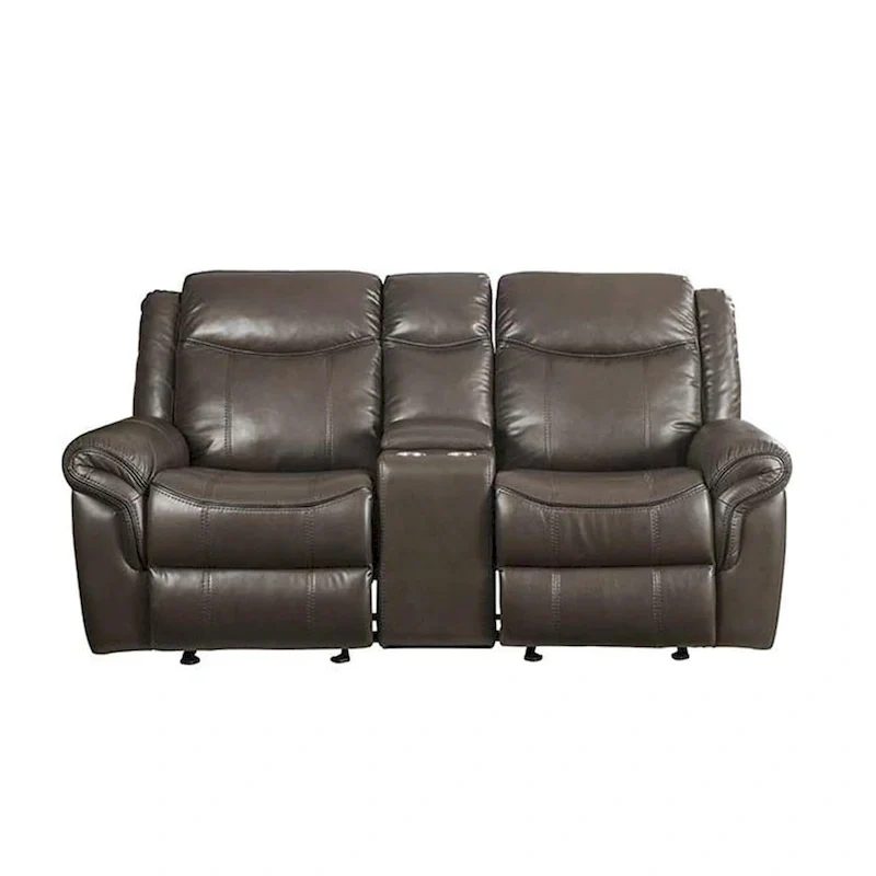 Leather Motion Loveseat with Console and USB Port in Brown