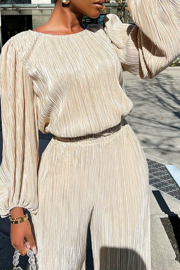 Two Piece Pleated Outfits for Women Casual Crewneck Long Sleeve Loose Fit Top and Wide Leg Palazzo Pant Suit Tracksuit - Deanwangkt