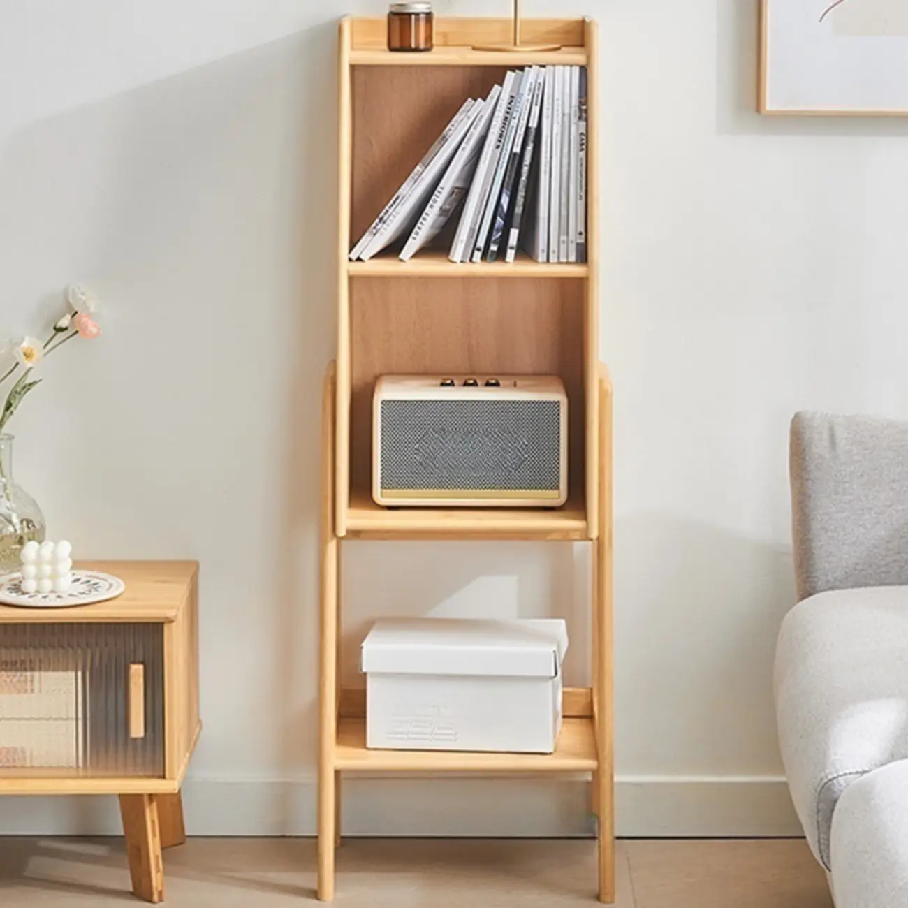 Antique Modern Wood Narrow Ladder Bookcase