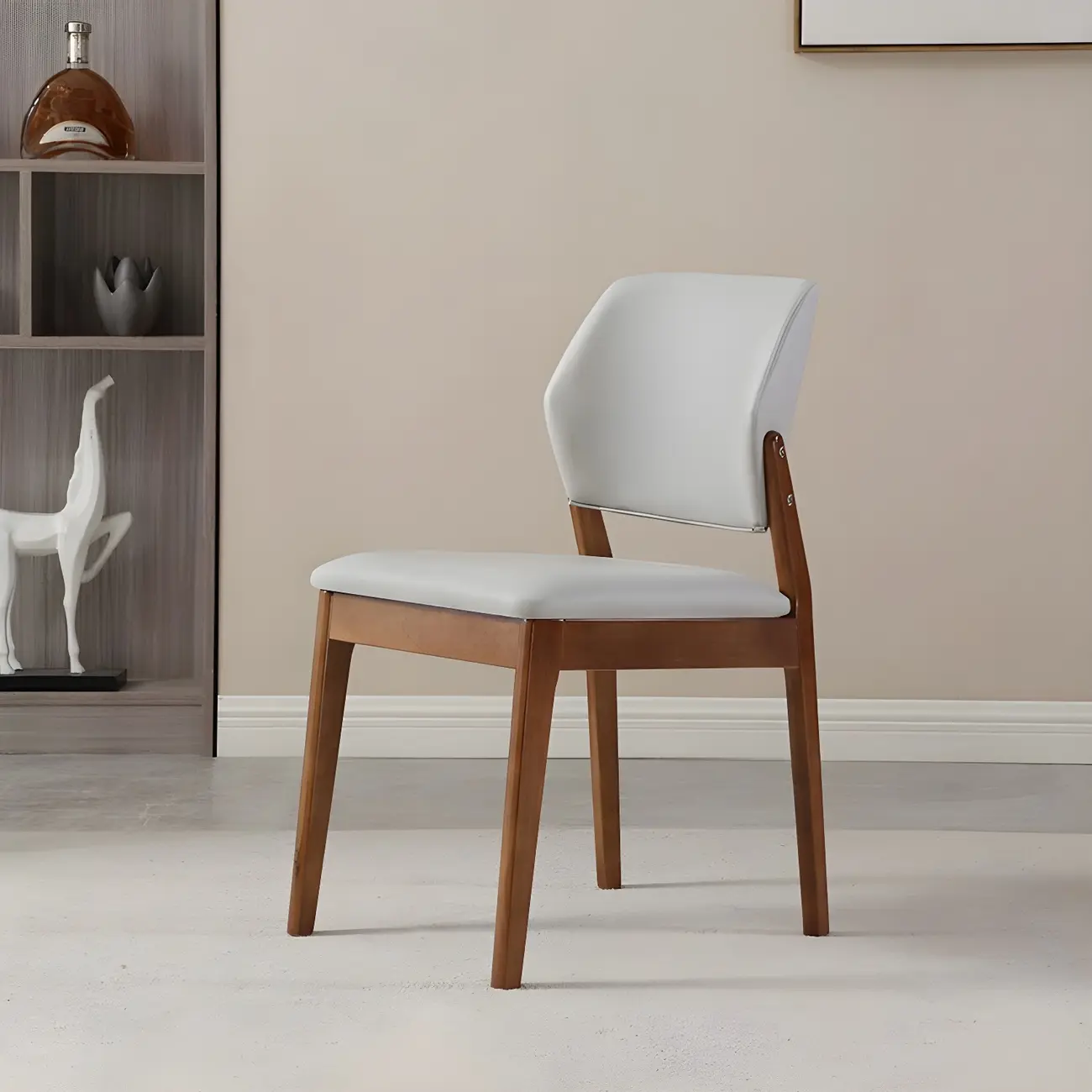 Modern Wood Faux Leather Beige Low Back Dining Chair