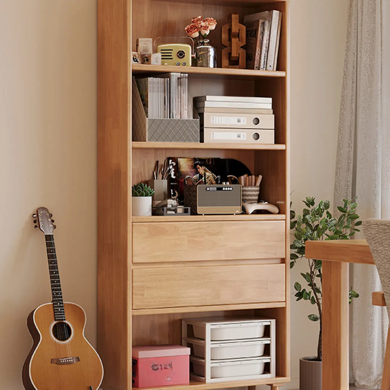 Spacious Versatile Vertical Brown Wood Bookcase with Drawers