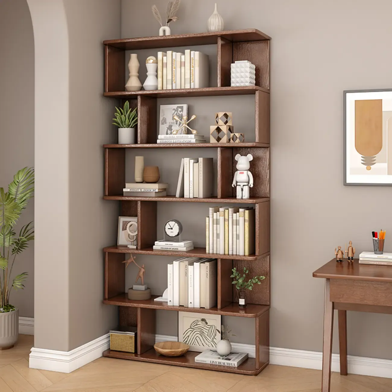 Mid-Century 6-Tier Open Back Wooden Bookshelf