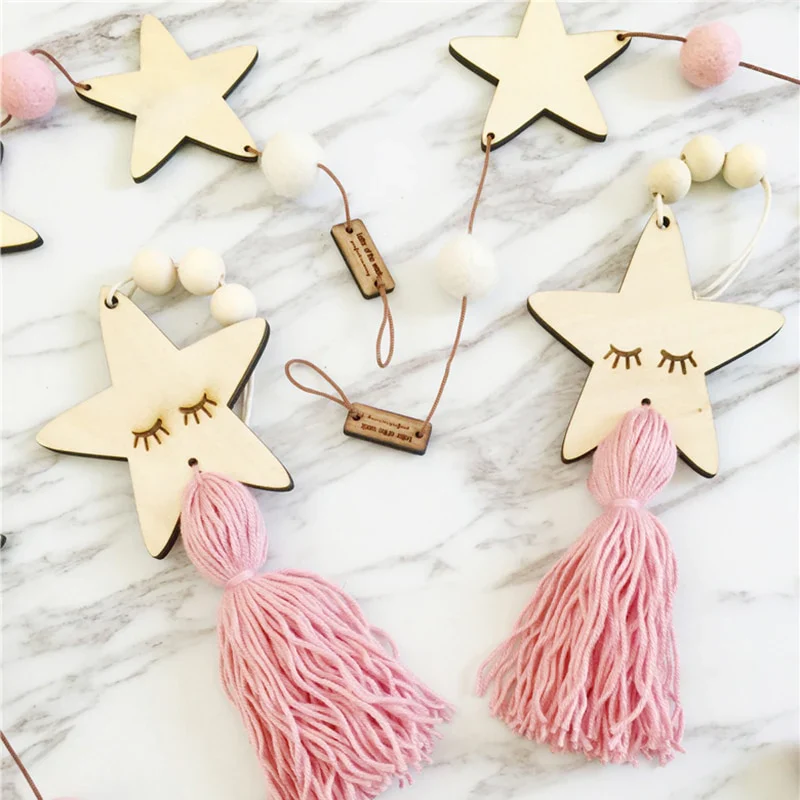 HULIANFU Nordic Style Wall Hanging Ornament For Photography Props Cute Star Shape Wooden Beads Tassel Pendant Baby Room Decoration - Deanwangkt
