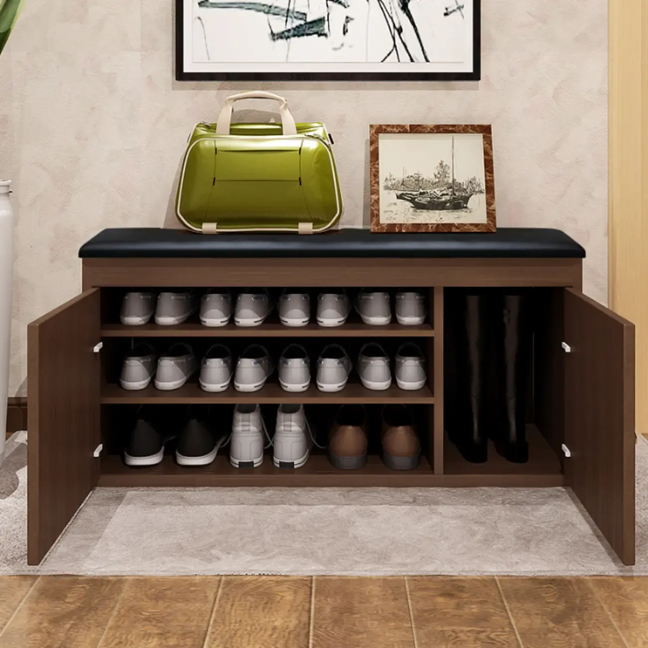 Leather Cushion Wooden Flip Top Storage Entryway Bench