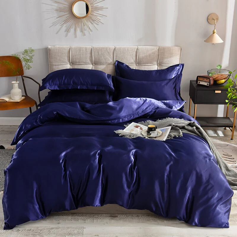 HULIANFU KOTUDENAVY Black silk duvet cover  Pillowcase 3pcs,200x200 quilt cover, bed cover queen king size bedding set,bed sheet - Deanwangkt