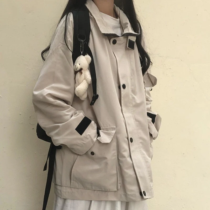 Basic Jackets Women Chic All-match Retro Solid Zipper Design Ulzzang Lovely Fashion Teens Overcoats Daily Vintage Womens Outwear - Deanwangkt