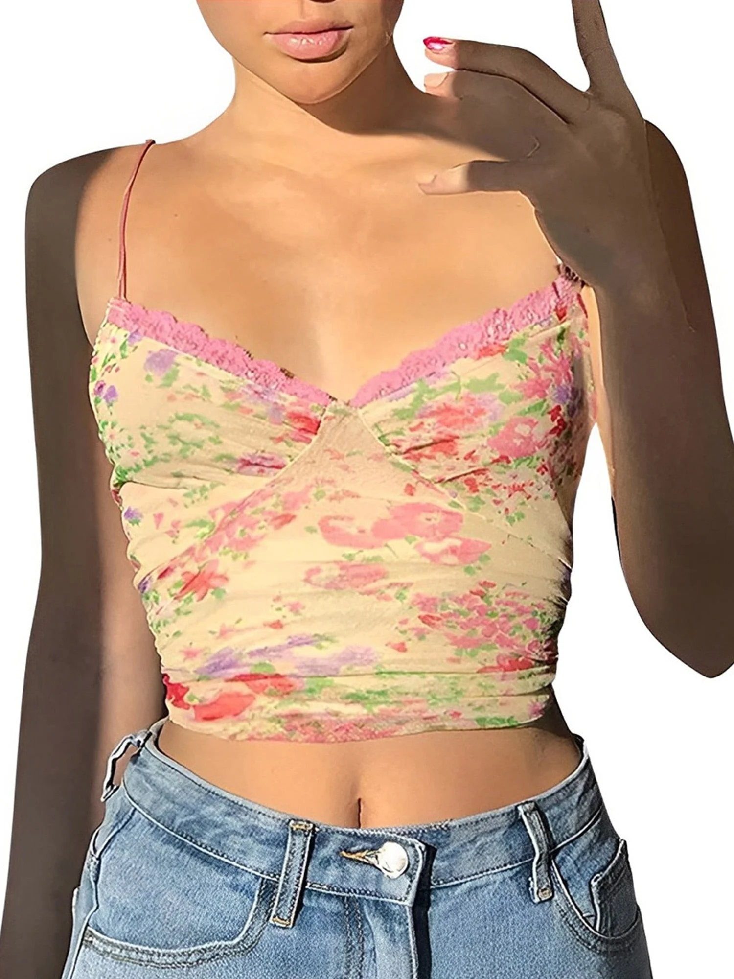 Hulianfu Rteyno Women s Summer Mini Sling Vest Sleeveless Backless V Neck Lace Trim Floral Camisole - Deanwangkt