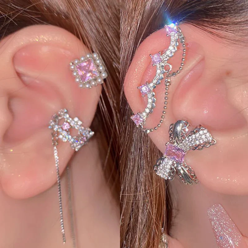 hulianfu Korean Delicate Pink Crystal Bowknot Clip Earrings For Women  Elegant Pearl Zircon No Piercing Cartilage Ear Jewelry - Deanwangkt