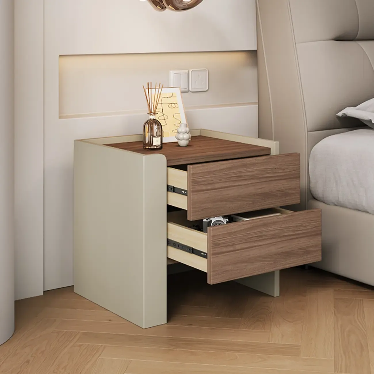 Modern Brown Grey Pine Wood 2-Drawer Nightstand