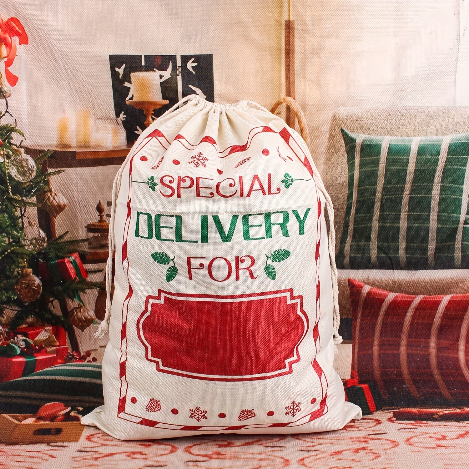 Christmas Burlap Drawstring Gift Bag - Large Festive Print Design With Twine Accessory for Holiday Party Decor, Candy and Present Packaging (18.89in x 25.9in) - Pack of X - Deanwangkt