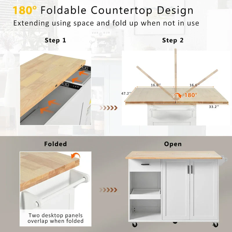 Rolling Kitchen Island w/ Foldable Counter Top,Towel Rack and Drawer